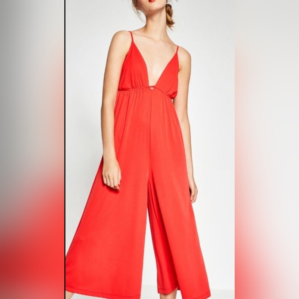 ZARA Jumpsuit Trafaluc Orange Jumper Strappy Flowy Wide Leg Size Small